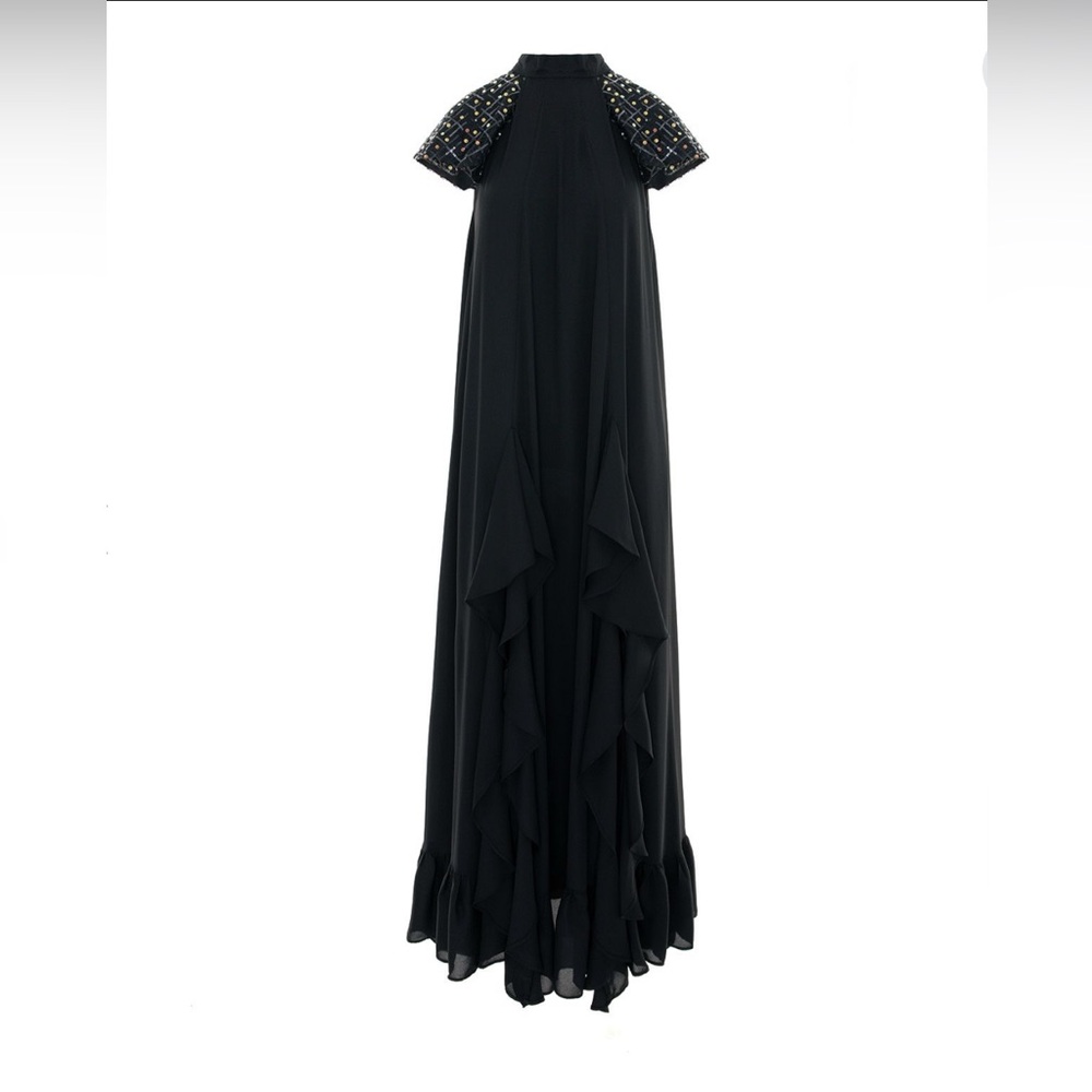Chic Black Maxi Dress with Embellished Sleeves